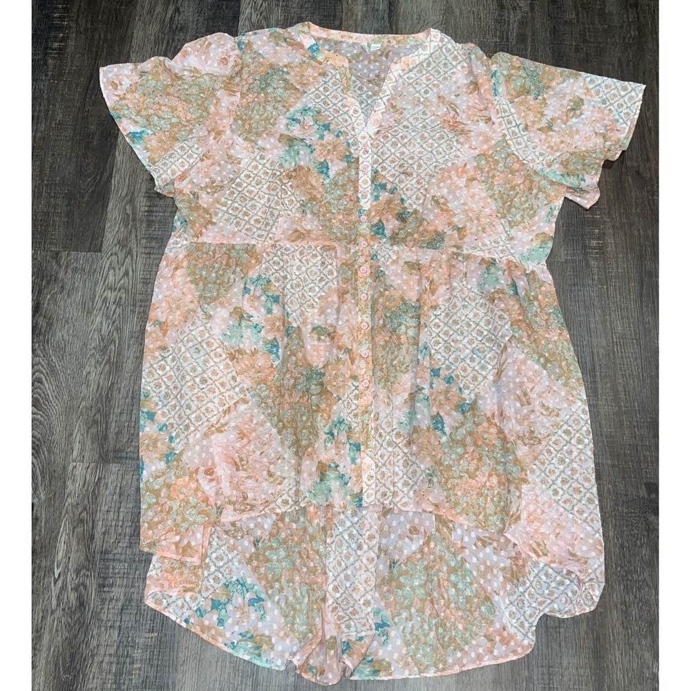 Cato~22-24W~Pink Floral Button Up Flutter Sleeves high/low Peasant Cottagecore